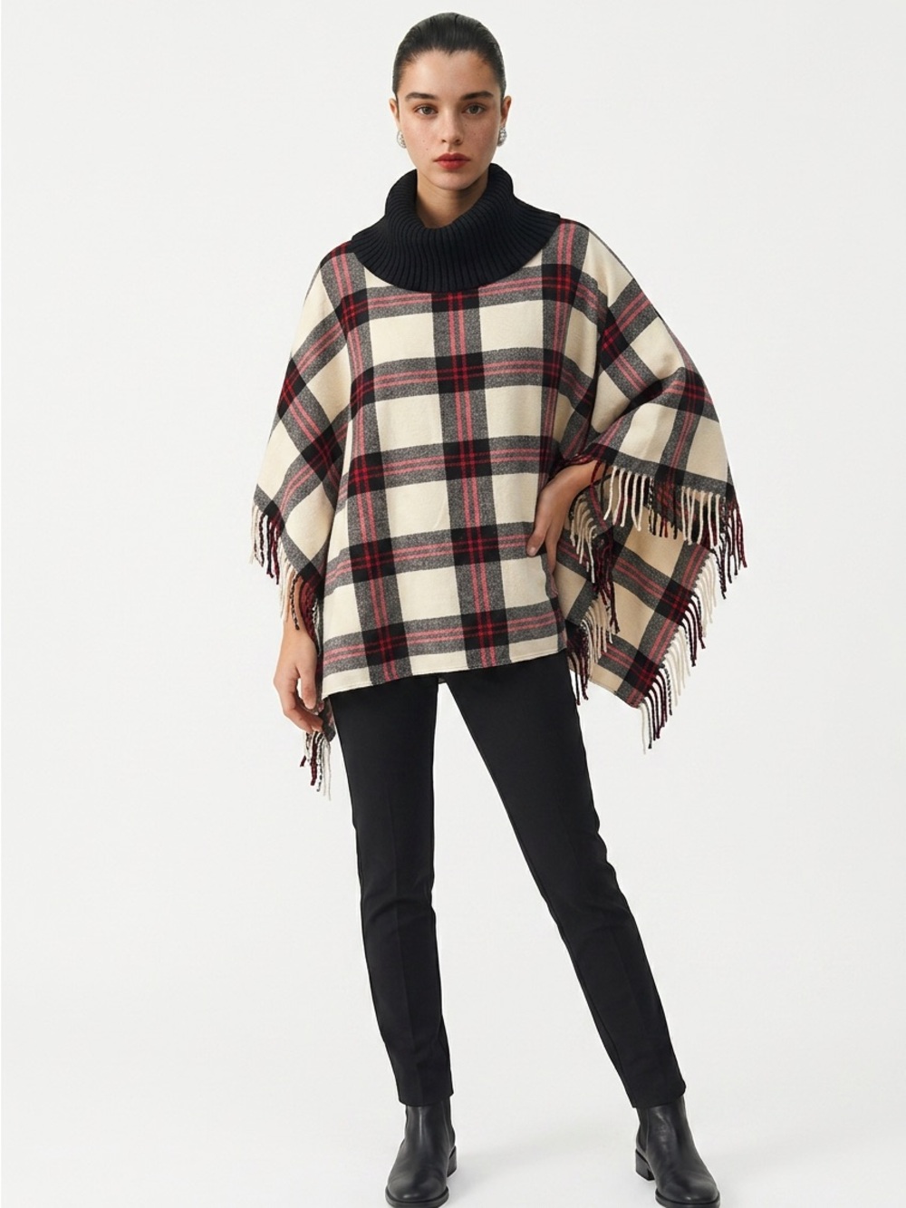 Fun TALBOTS plaid turtleneck fringed cape one size- Pristine Condition